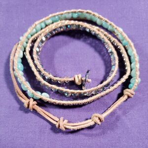 VICTORIA EMERSON LEATHER WRAP BRACELET Green Stones- Silver/Clear Beads-Tan Cord